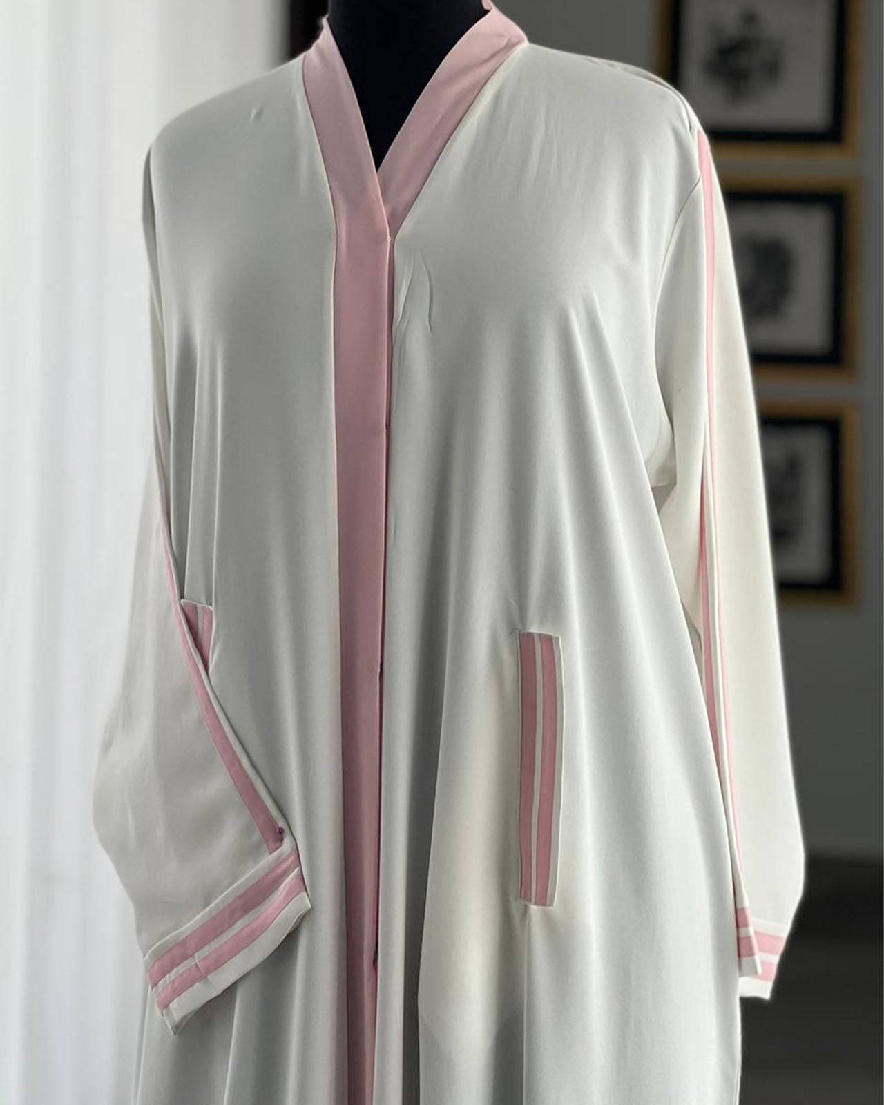 White & Pink Contrast Abaya