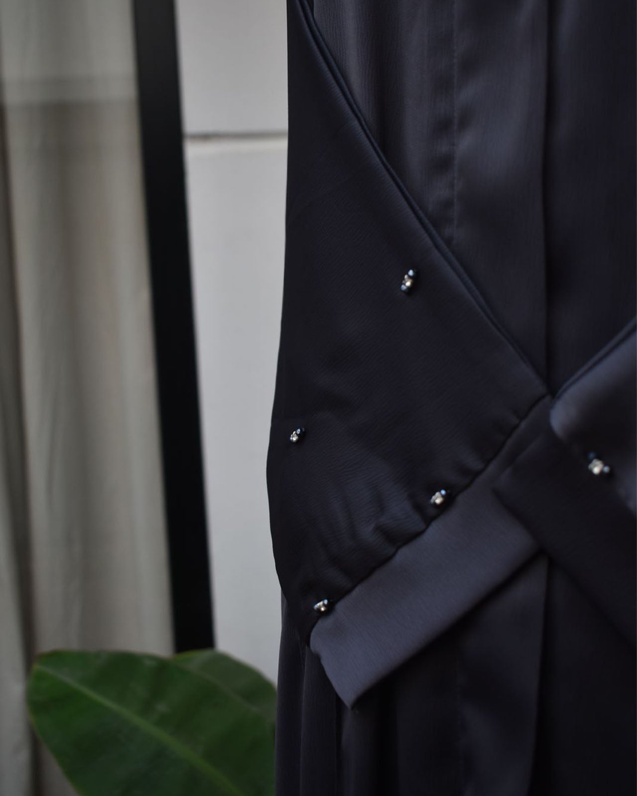 Charcoal Pearl-Detailed Cross Drape Abaya