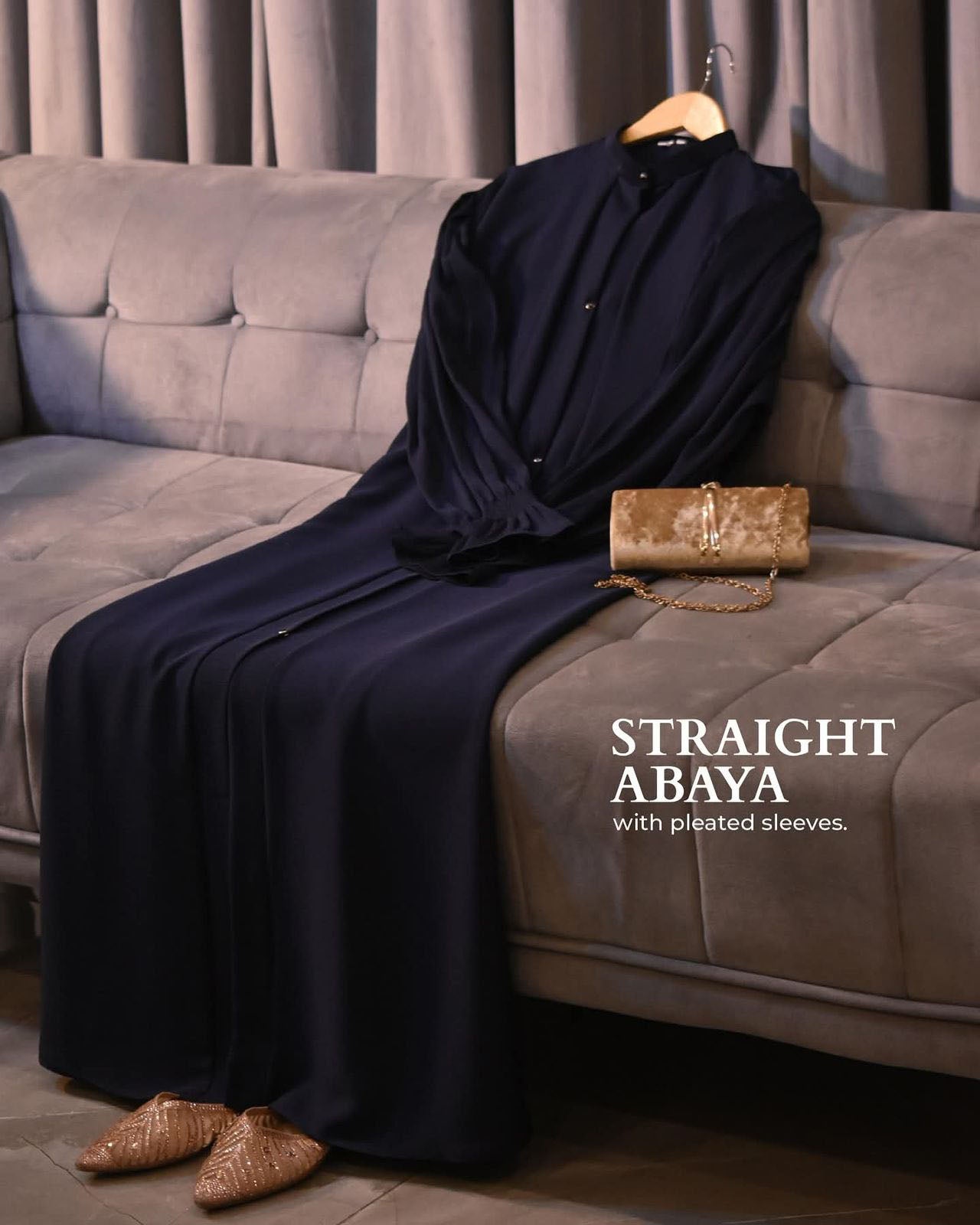 Straight-Cut Abaya with Pleated Sleeves – Midnight Navy