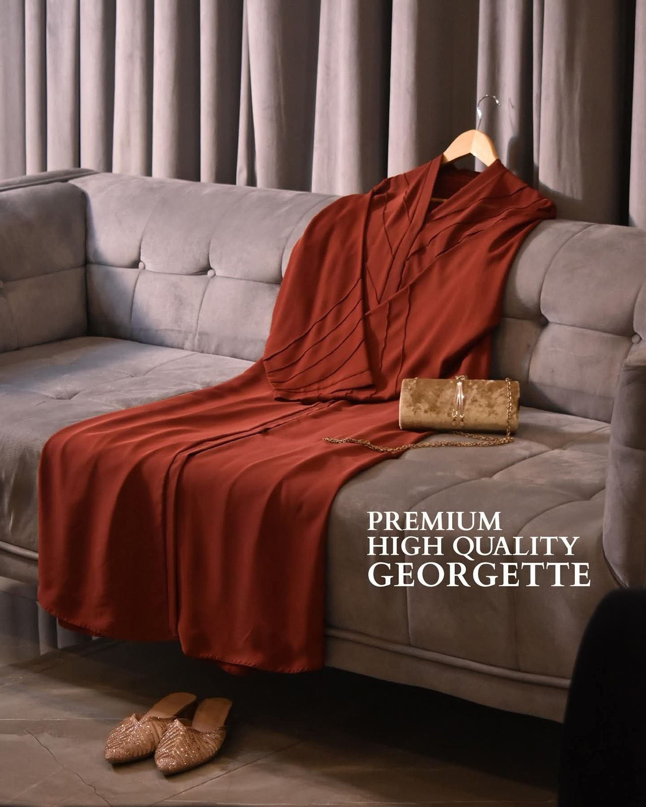 Premium Georgette Layered Panel Abaya – Rust & Navy