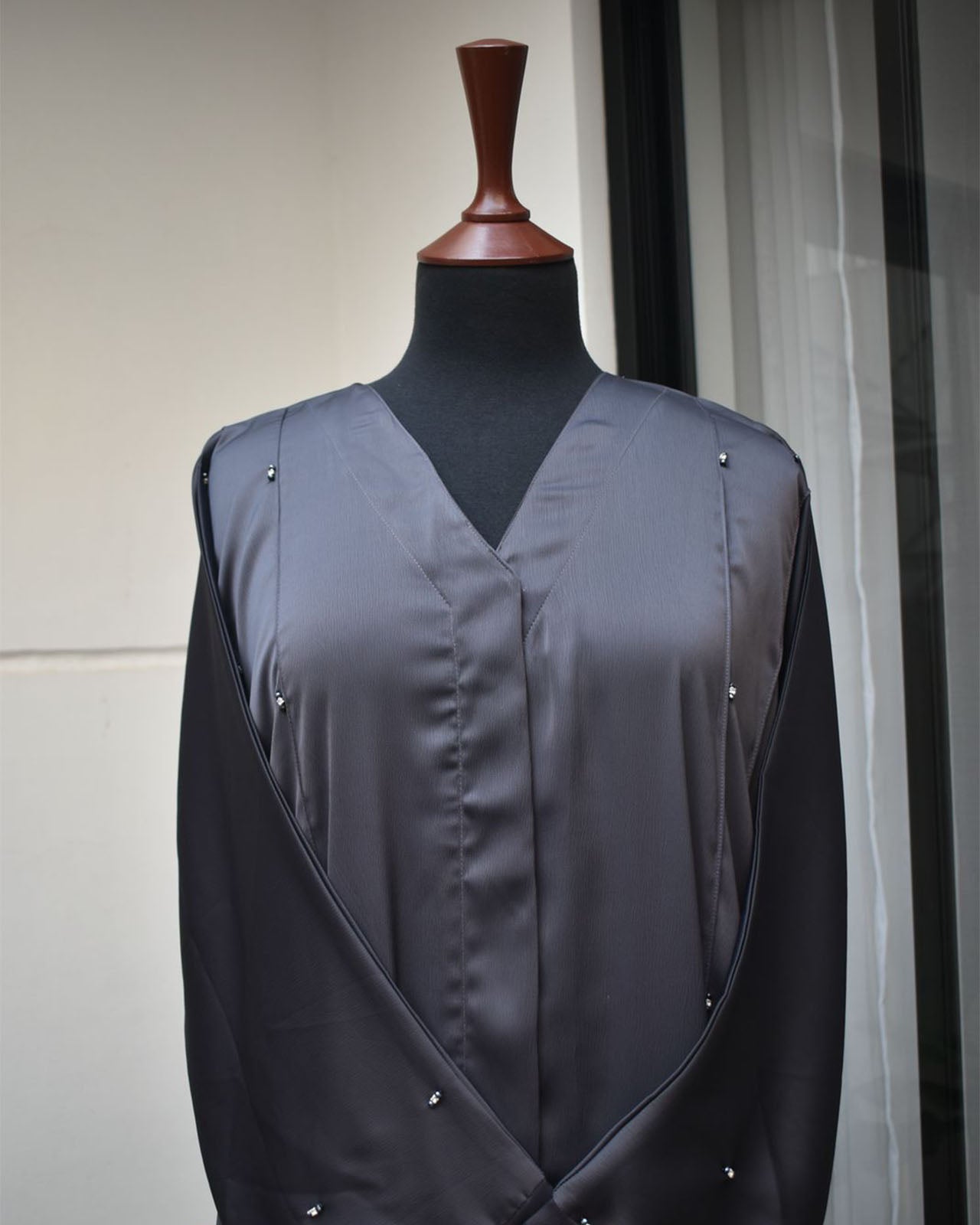 Elegant Pearl-Embellished Charcoal Abaya