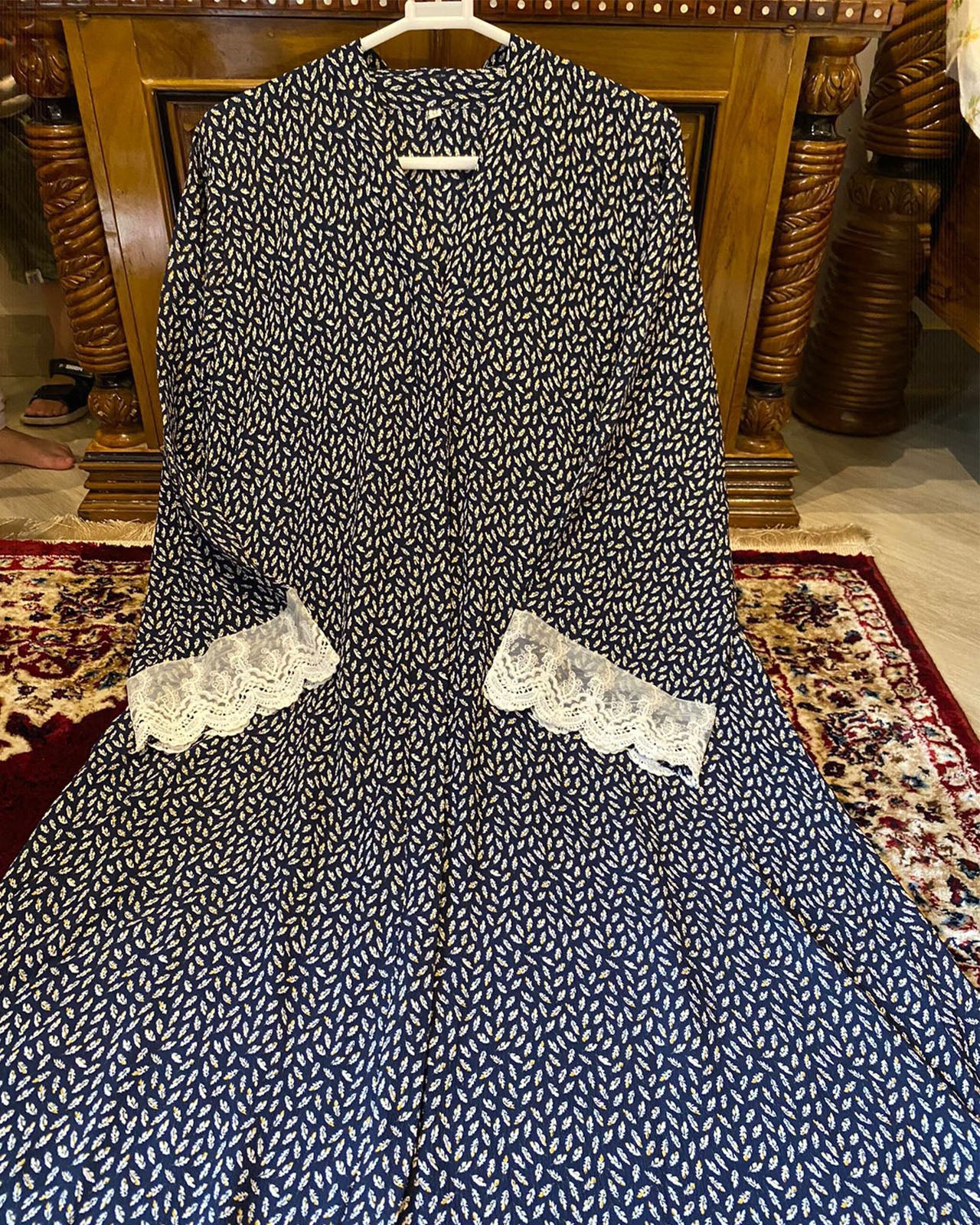 Navy Blue Printed Abaya with Lace Cuffs