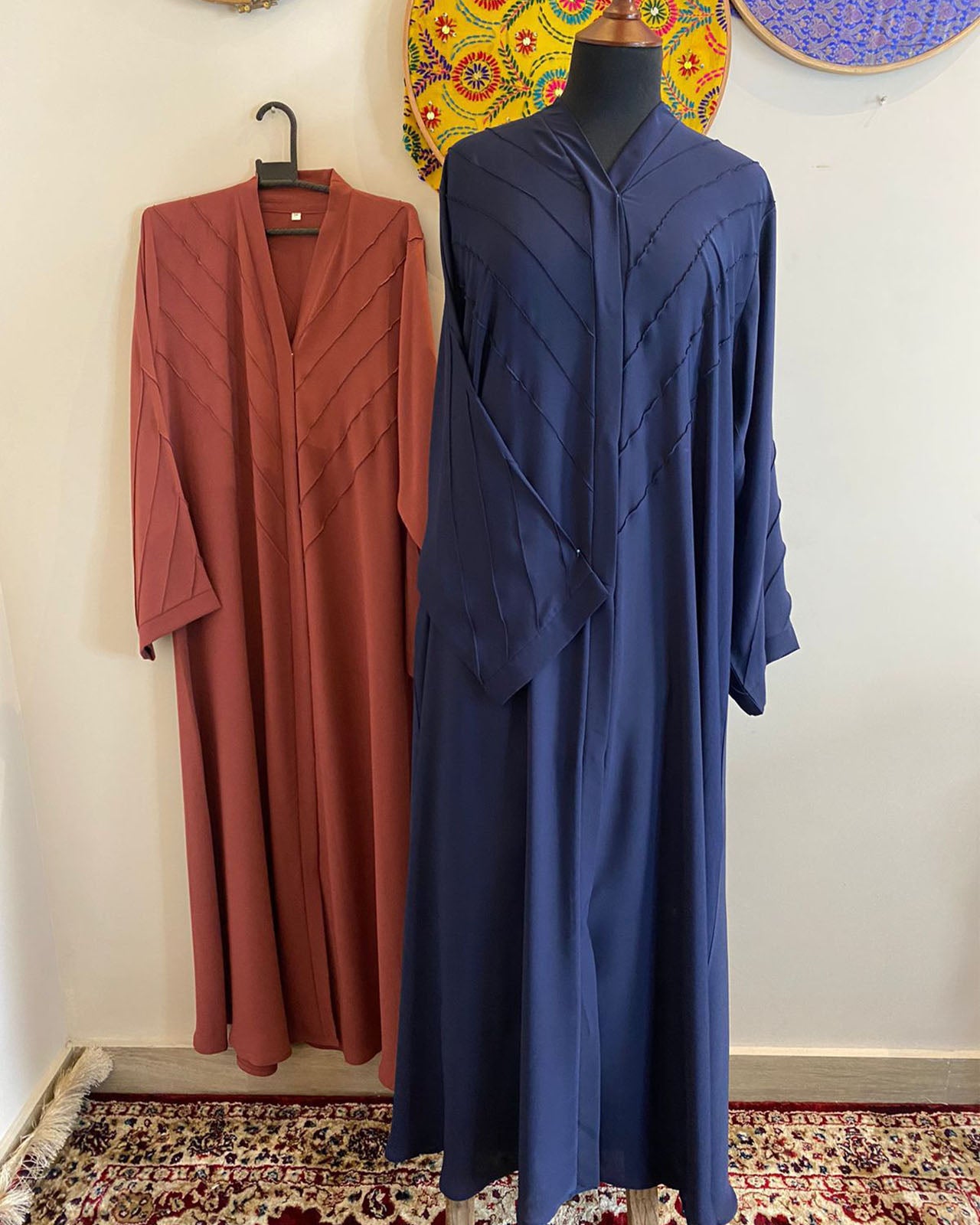 Premium Georgette Layered Panel Abaya – Rust & Navy