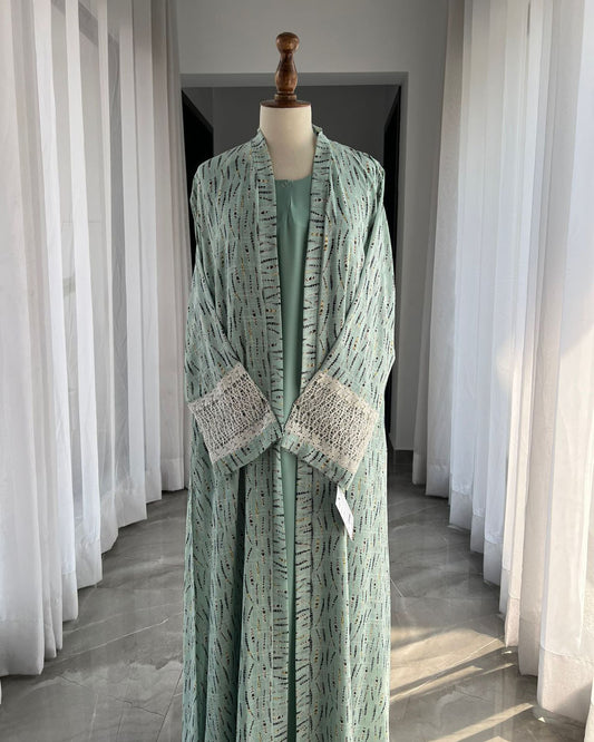 Mint Elegance Lace Cuff Abaya
